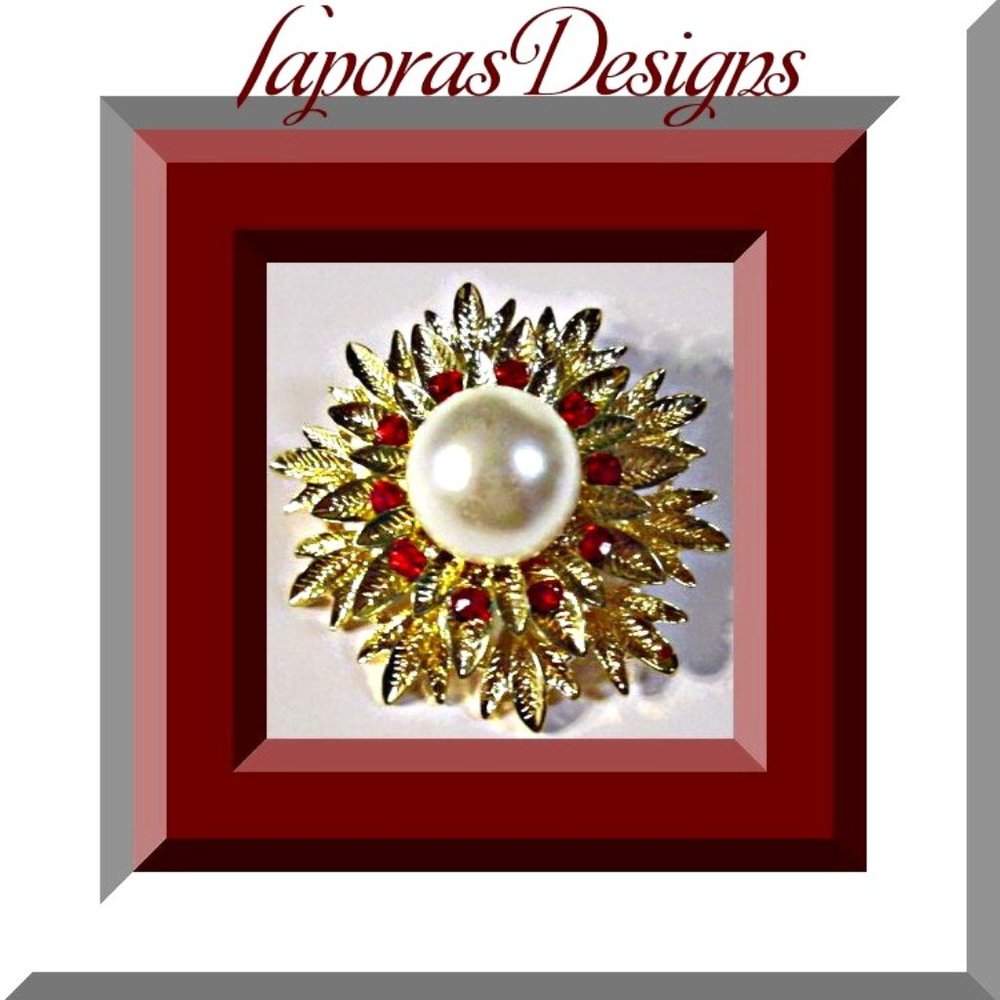 Gold Tone Flower Design Brooch With Red Crystals & White Faux Pearl For Women
